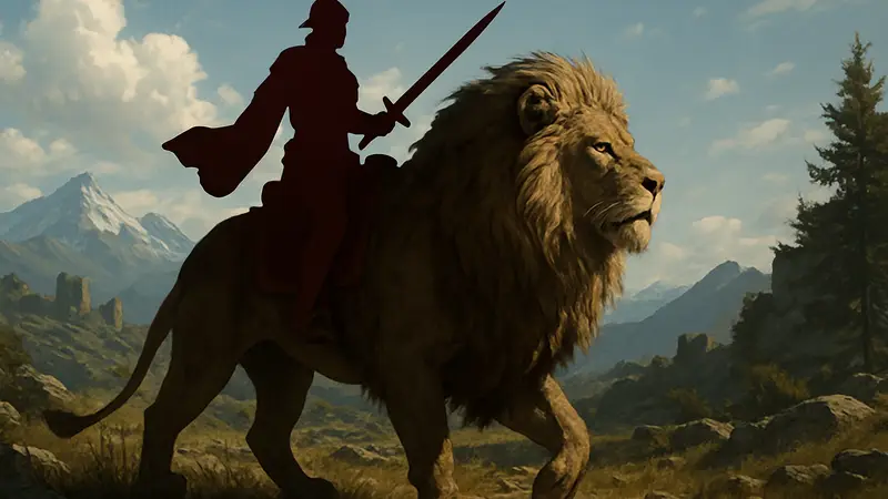 Игрок верхом на величественном льве в мире Crimson Desert, готовый к бою.