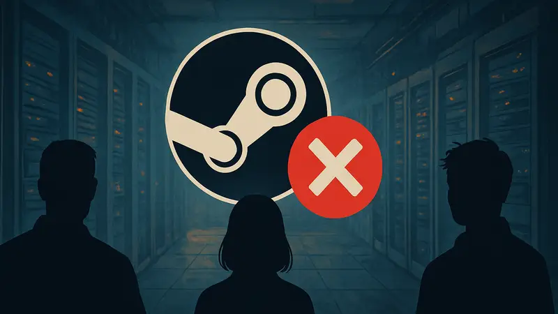 Логотип Steam с символом ошибки или красным крестом, обозначающим сбой серверов.