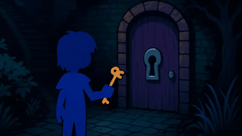 Игровой скриншот Deltarune с персонажем, держащим Загадочный ключ рядом с запертой дверью.