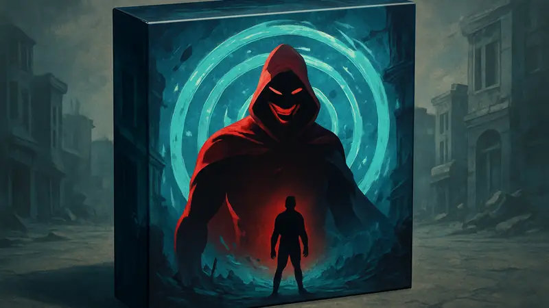 Изображение коробки настольной игры «Эффект бабочки: Альтер эго» с иллюстрацией суперзлодея и элементами временной петли