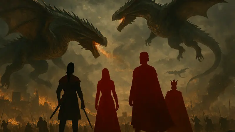 Драконы и персонажи сериала «Дом Дракона» на фоне битвы Таргариенов.