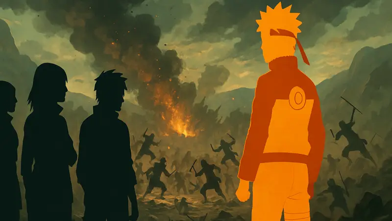 Персонажи из аниме Naruto на фоне битвы, изображающей Третью Великую войну ниндзя.