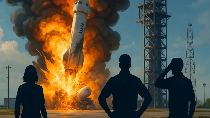 Взорвавшаяся ракета New Glenn Blue Origin на стартовой площадке во Флориде во время испытаний.