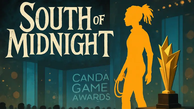 Логотип игры South of Midnight и награда «Игра года» на фоне Canadian Game Awards 2026