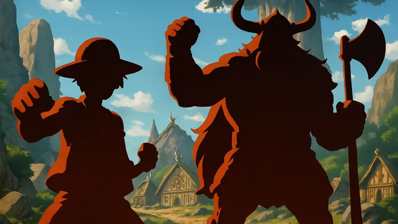 Луффи и Локи из One Piece в арке Эльбаф, демонстрирующие силу.