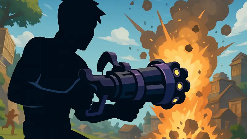 Игрок использует пушку «Семь кластеров» в динамичном бою Fortnite.