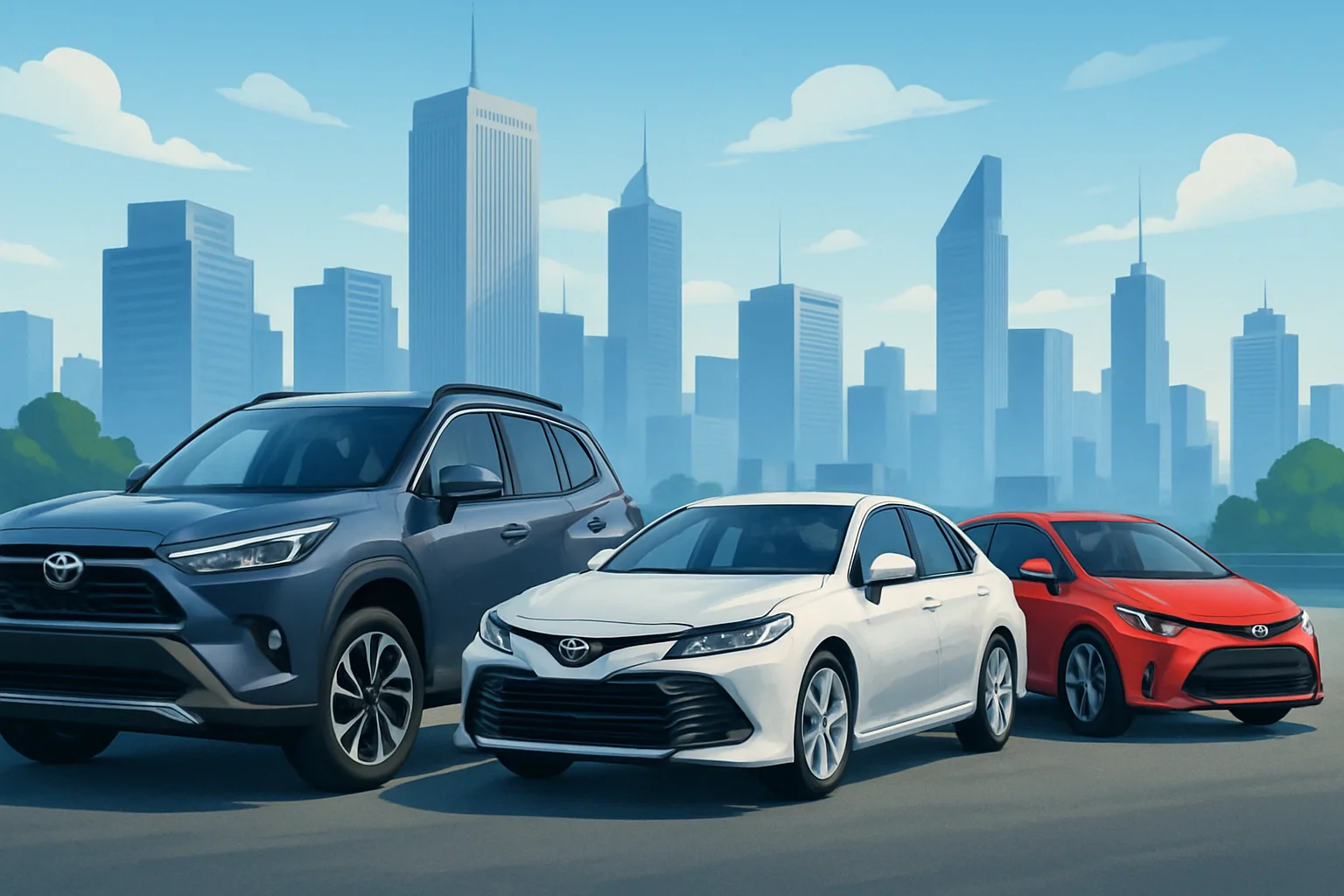 Несколько автомобилей Toyota различных моделей на фоне городского пейзажа, символизирующие импорт технологий.