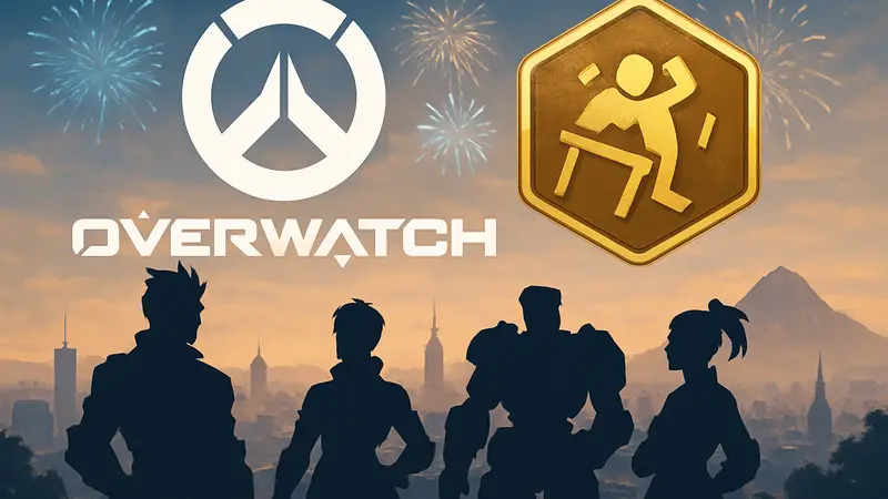 Логотип Overwatch и изображение легендарного звания "Table Flip" на годовщине.