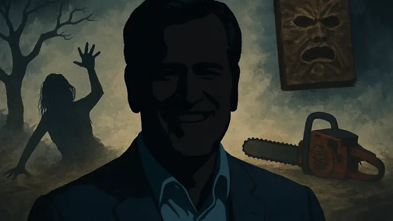 Портрет Брюса Кэмпбелла, улыбающегося, на фоне символики «Зловещих мертвецов»