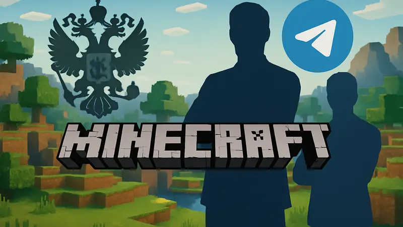 Логотип Minecraft на фоне кубического мира и символов Роскомнадзора и Telegram.