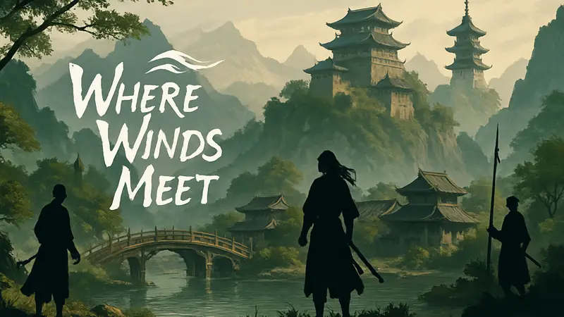 Логотип Where Winds Meet с фоном в азиатском стиле, анонс DLC, новые локации.