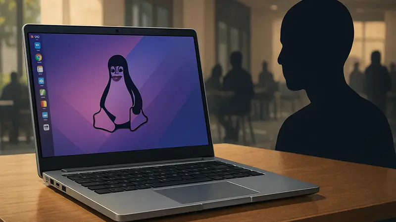 Ноутбук Framework с открытой крышкой, экран включен, на нем интерфейс Linux.