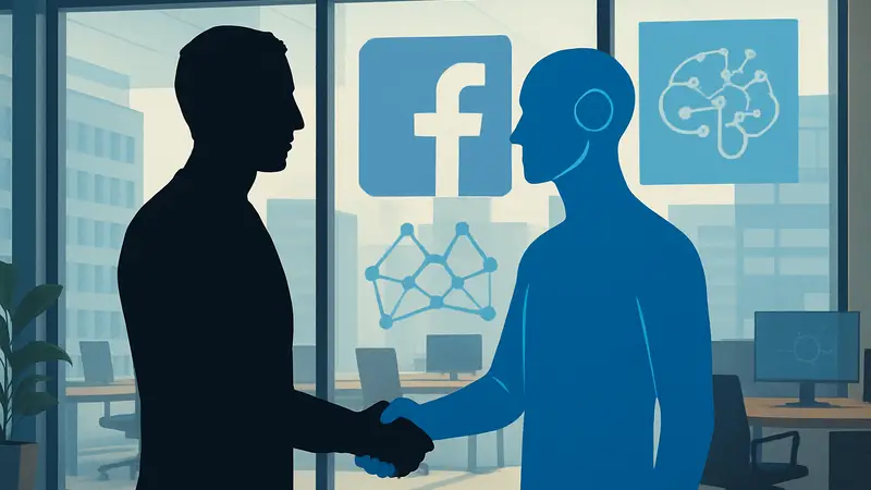 Марк Цукерберг и схематичное изображение ИИ-агента, символизирующее сотрудничество человека и искусственного интеллекта.