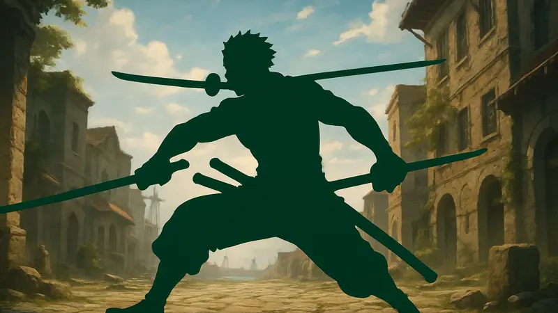 Ророноа Зоро из One Piece с катанами, изображённый в динамичной позе