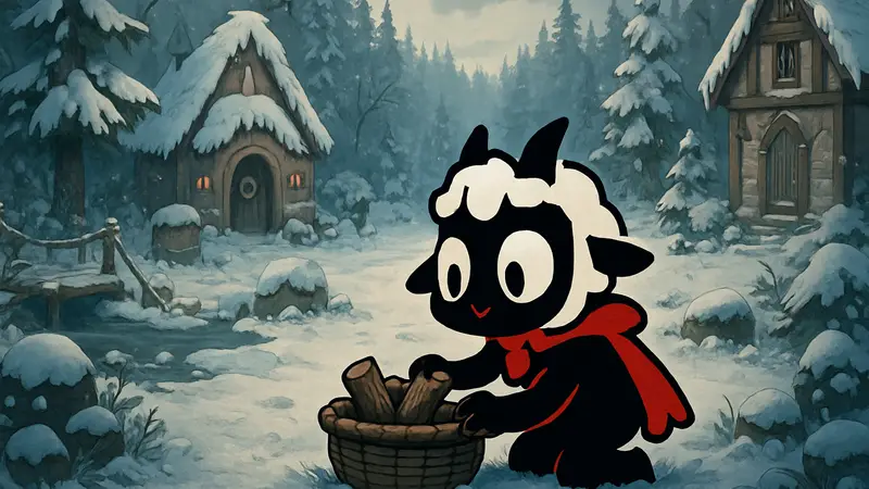 Ягнёнок из Cult of the Lamb в зимнем сеттинге Woolhaven, собирающий припасы.