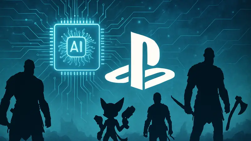 Изображение логотипа PlayStation с элементами искусственного интеллекта и силуэтами игровых персонажей Sony.