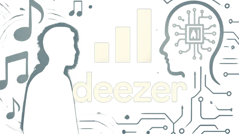 Логотип Deezer, символы музыки и искусственного интеллекта на фоне