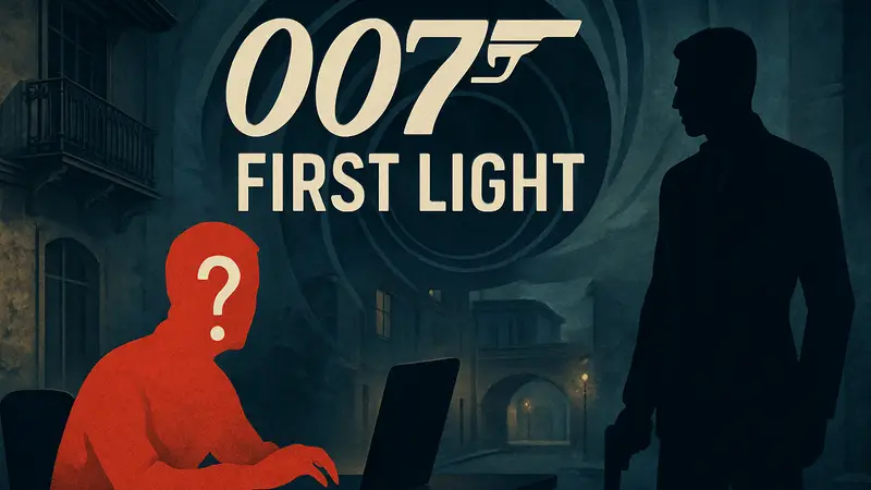 Логотип игры 007 First Light на фоне, с вопросом о рецензии PC Gamer, стилизованный под шпионскую тематику
