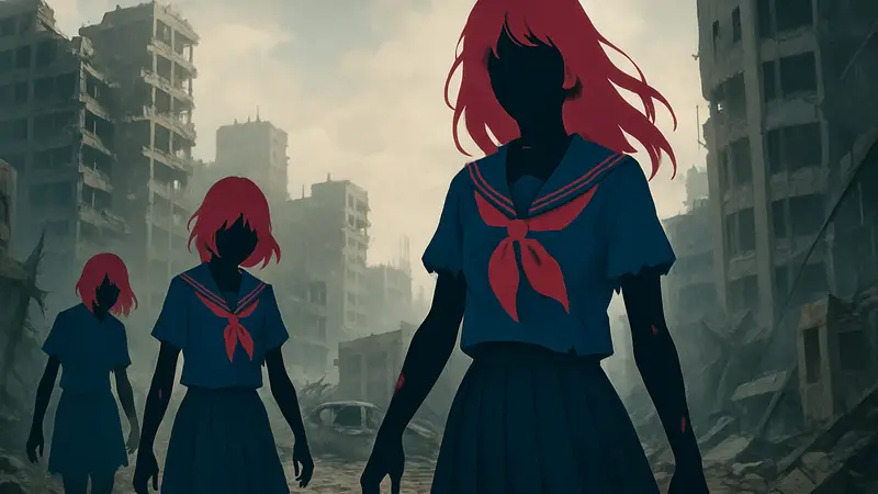 Обложка манги Sailor Zombie с зомби-девушками в школьной форме на фоне разрушенного города.
