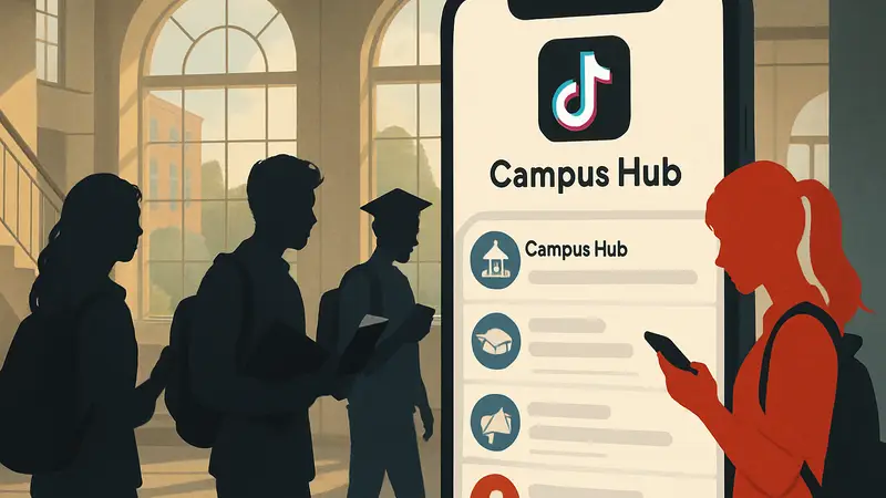 Интерфейс приложения TikTok с новым разделом "Campus Hub" и студенческими чатами