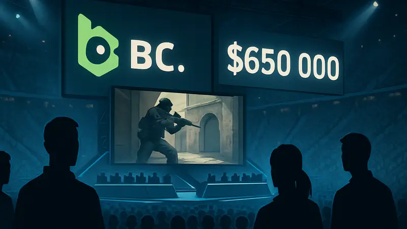 Логотип BC Game на фоне киберспортивного турнира Counter-Strike с указанием призового фонда $650 000.
