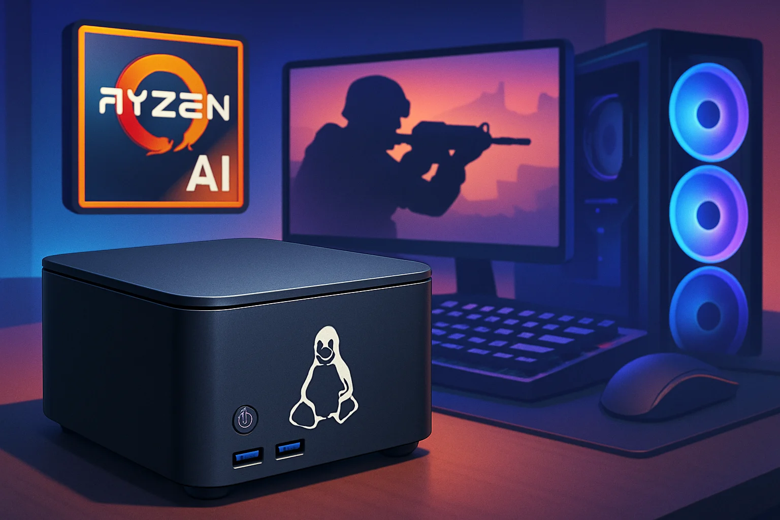 Компактный мини-ПК Slimbook One на фоне геймерской установки, процессор Ryzen AI 9 и ОС Linux.