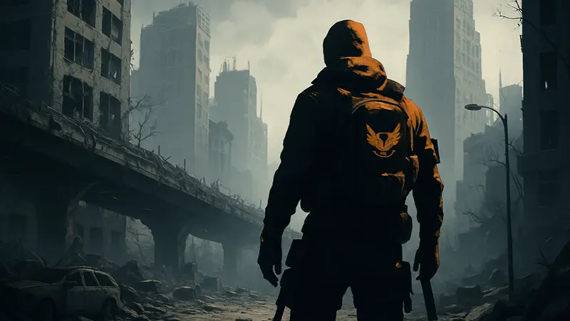 Логотип The Division Resurgence на фоне разрушенного городского пейзажа, с агентом в экипировке.