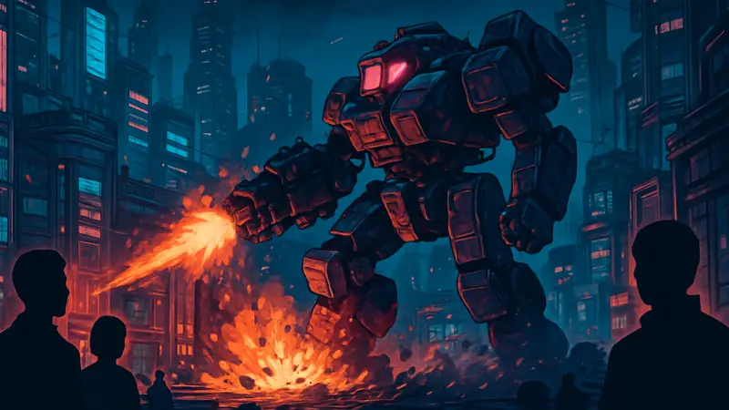 Скриншот из игры Brigador Killers, боевой робот разрушает киберпанковый город