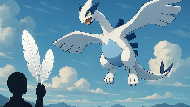 Изображение легендарного покемона Лугии, парящего в небе, с Серебряными Перьями на переднем плане.