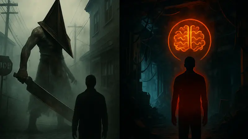 Обложка или концепт-арт ожидаемых хоррор-игр 2026 года, таких как Silent Hill Townfall и ONTOS.