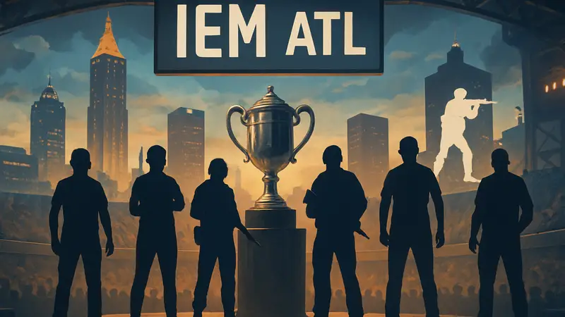 Логотип IEM Atlanta с командами Counter-Strike и трофеем турнира.