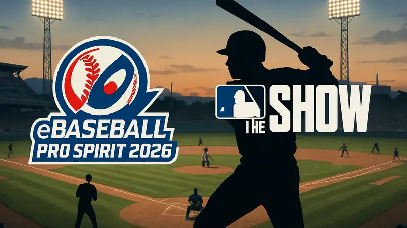 Логотип eBaseball: Pro Spirit 2026 и MLB The Show на фоне бейсбольного поля