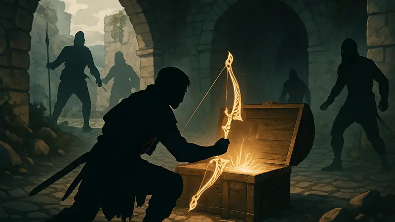 Игрок Crimson Desert находит лук Divine Echoes Bow в сокровищнице, окруженной врагами.