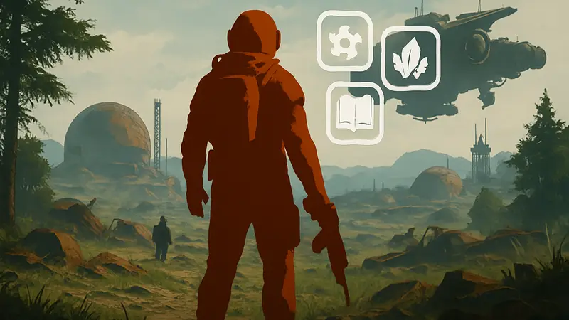 Главный герой ARC Raiders на фоне локаций из Expedition 3, с иконками материалов и гайда.