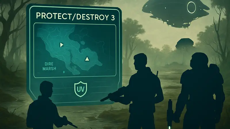 Экран миссии Protect/Destroy 3 в игре Marathon с локацией Dire Marsh.