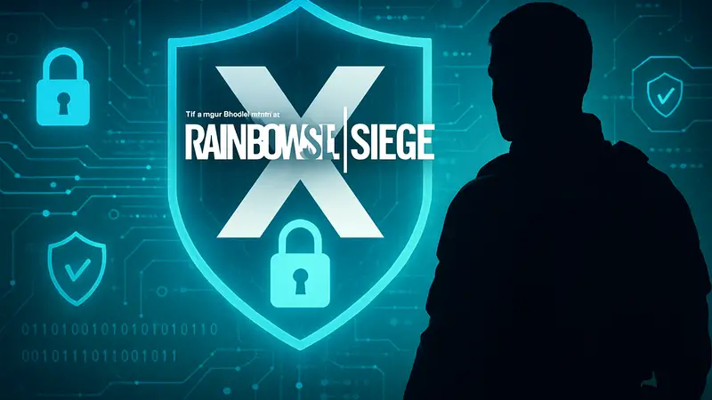 Логотип Rainbow Six Siege X на фоне защитного экрана с элементами кибербезопасности, демонстрирующий новые меры.