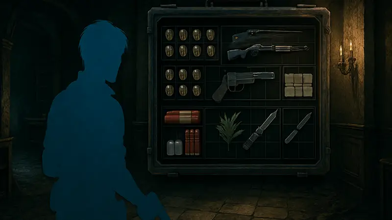 Resident Evil Requiem, инвентарь, управление ресурсами, скриншот из игры.