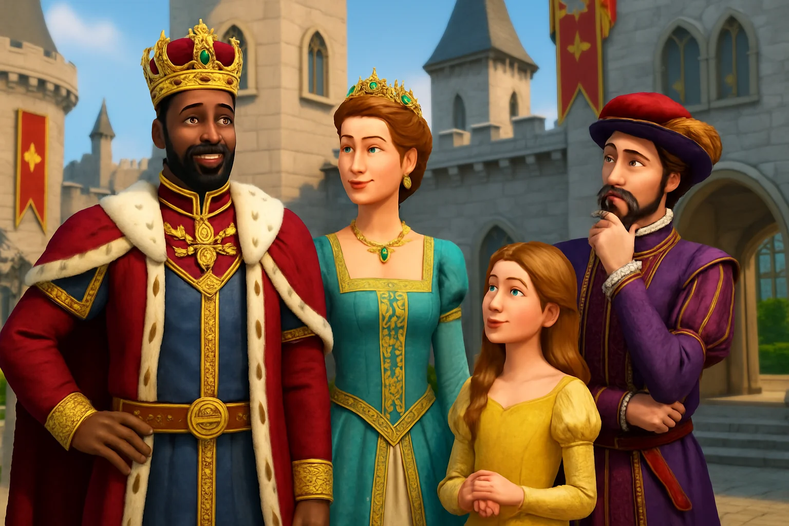 Скриншот из The Sims 4 Royalty & Legacy, демонстрирующий симов в королевских нарядах и замке.