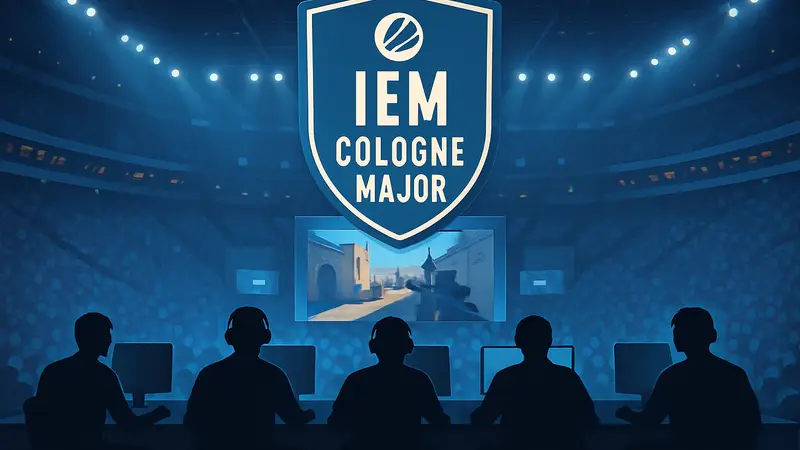 Логотип IEM Cologne Major и киберспортсмены на LAN-турнире
