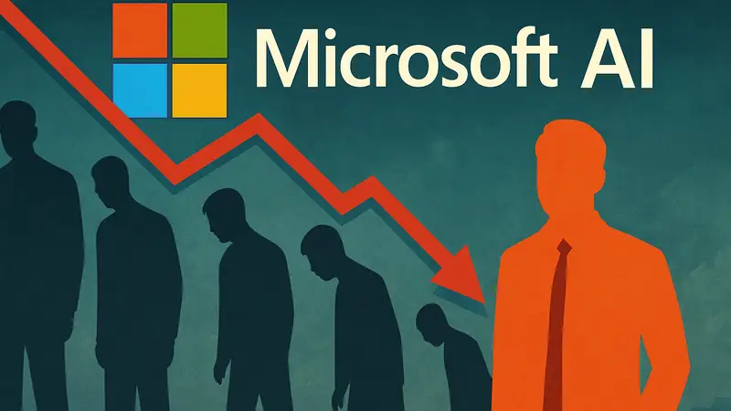 Стилизованный логотип Microsoft AI на фоне графика сокращения рабочих мест, с намёком на лицемерие CEO.