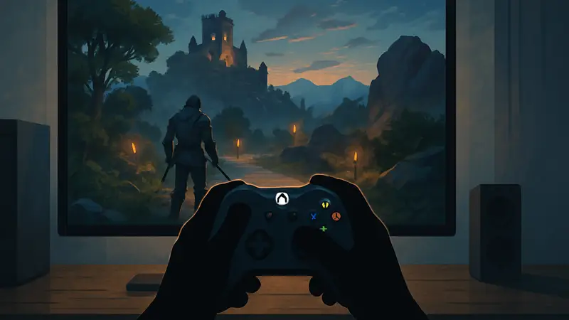 Руки, держащие геймпад Xbox, на фоне монитора с запущенной PC-игрой, демонстрирующие удобство управления.