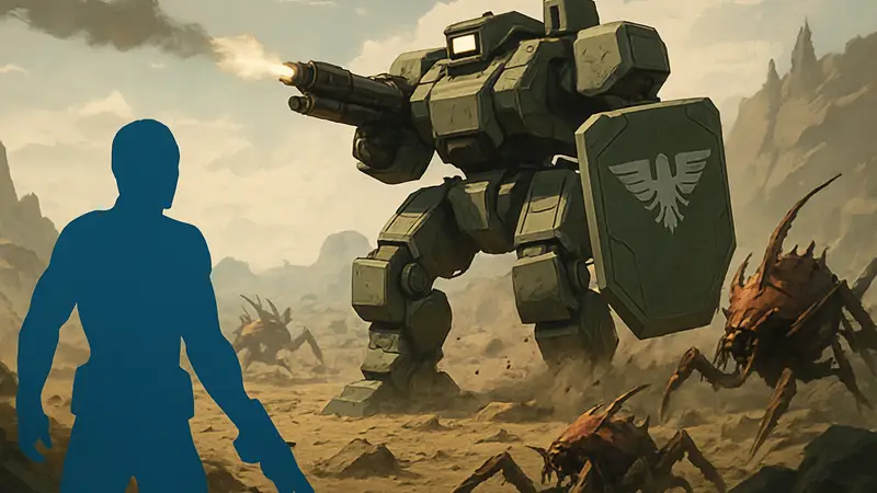 Изображение нового меха Helldivers 2 со щитом и флак-пушкой в бою против жуков