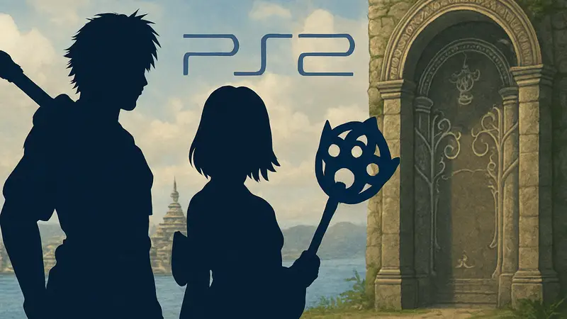 Тидус и Юна из Final Fantasy X на фоне символов PlayStation 2 и «Властелина колец»