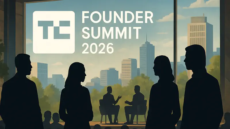 Логотип TechCrunch Founder Summit 2026 на фоне изображения предпринимателей