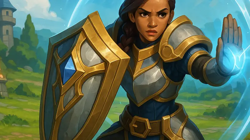 Изображение Уны из Highguard, демонстрирующей защитные способности на фоне игрового поля.