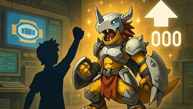 Дигимон-партнер в игре Digimon UP, показывающий высокий уровень Боевой Мощи и снаряжение.