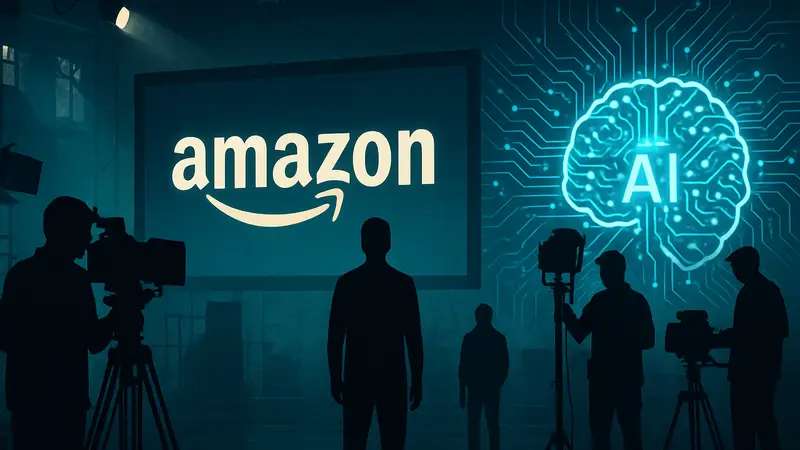 Логотип Amazon и символика ИИ, технологии в кинопроизводстве