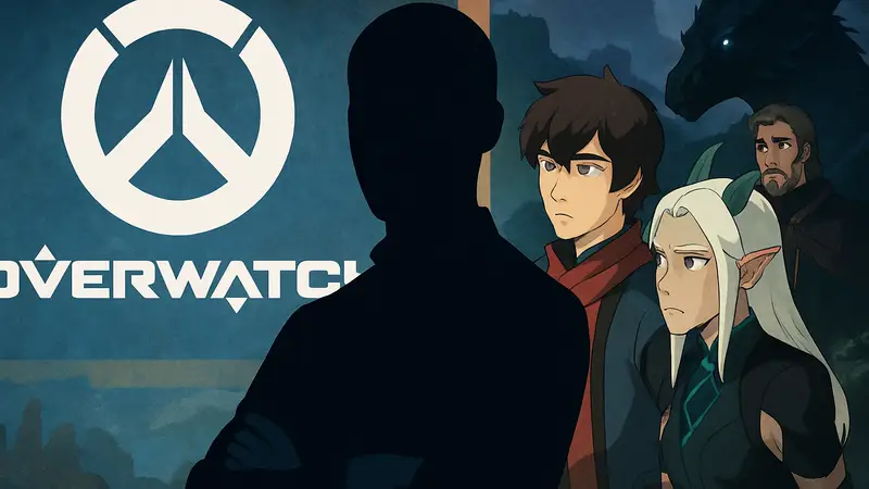 Джастин Ричмонд, новый креативный директор Overwatch, на фоне логотипа Overwatch и кадров из «Принца-дракона».