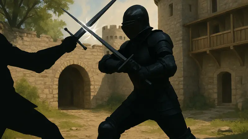 Игрок в средневековых доспехах из Half Sword отражает удар мечом, демонстрируя механику блокирования.