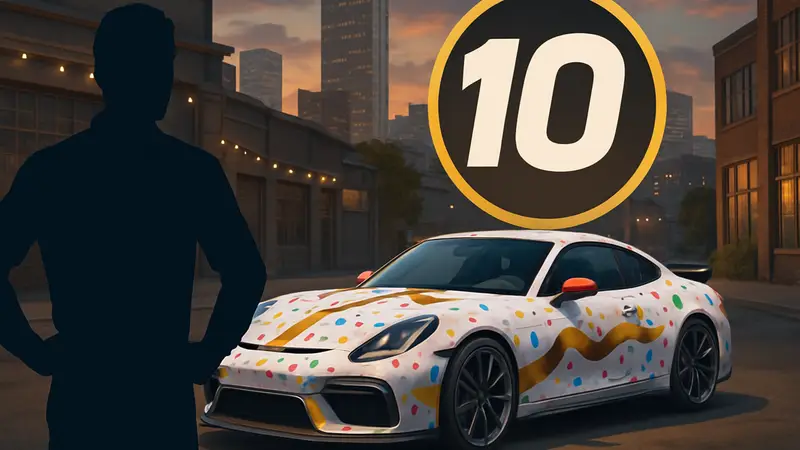 Скриншот из CSR Racing 2 с праздничным автомобилем и логотипом 10-летия